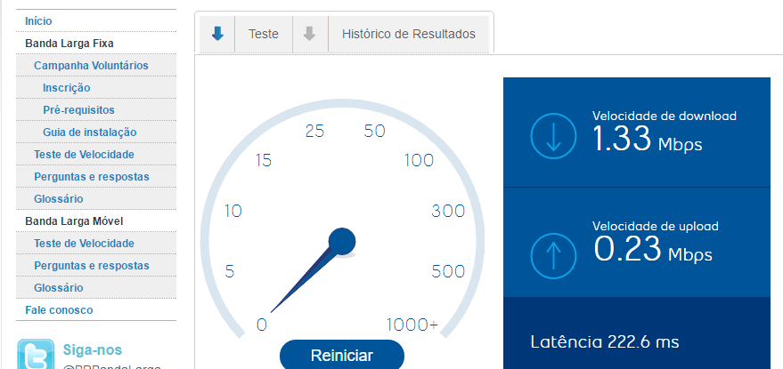 Velocidade da minha conexão, que deveria ser de 10mb, enquanto eu fazia esse post.