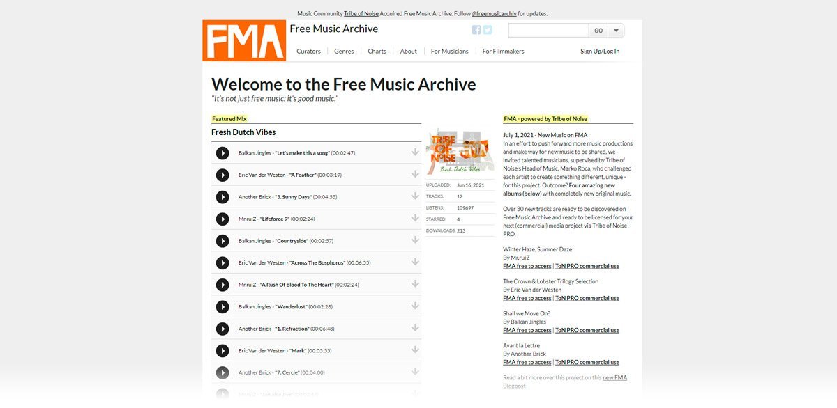 Captura de tela do Free Music Archive, um site para baixar músicas de licença aberta